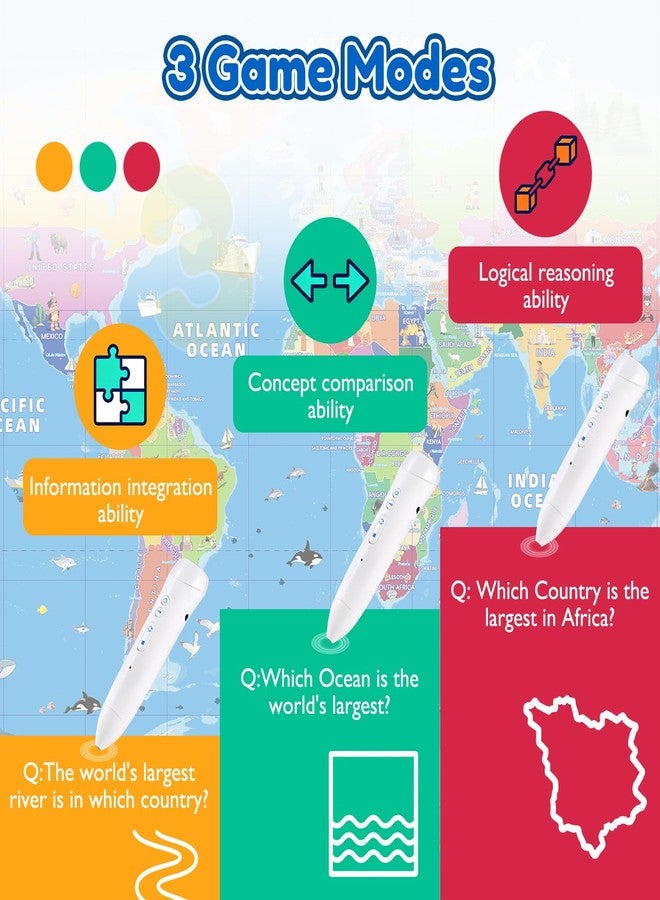 GOLDGE Interactive World Map for Kids Ages 5-12 with Talking Pen | Educational Geography Toy with Piano Music Card & Recordable Greeting Card | Gift for Christmas & Birthdays - Image 4